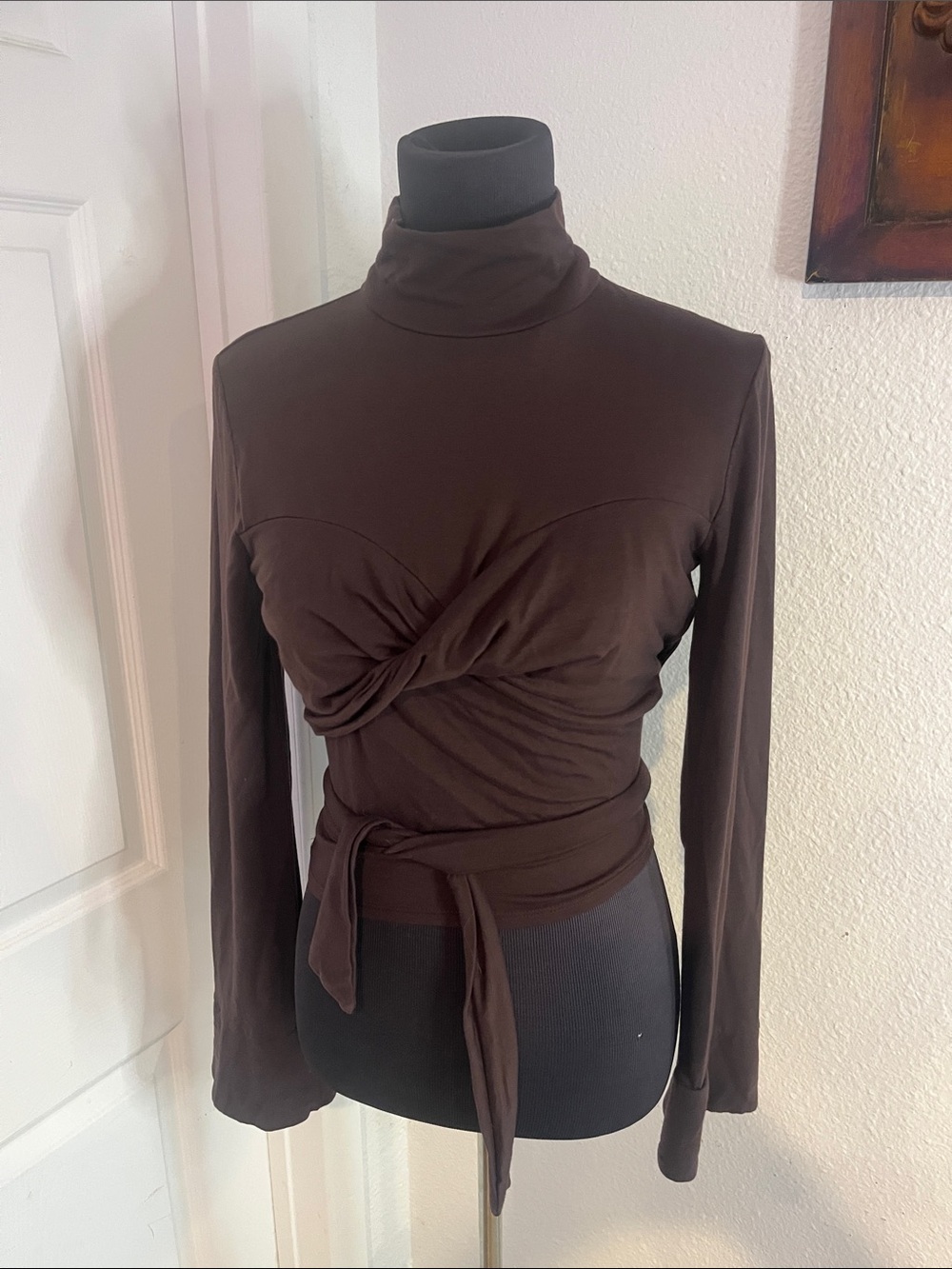 Reformation Chocolate Brown Twist-Front Turtleneck Wrap Top